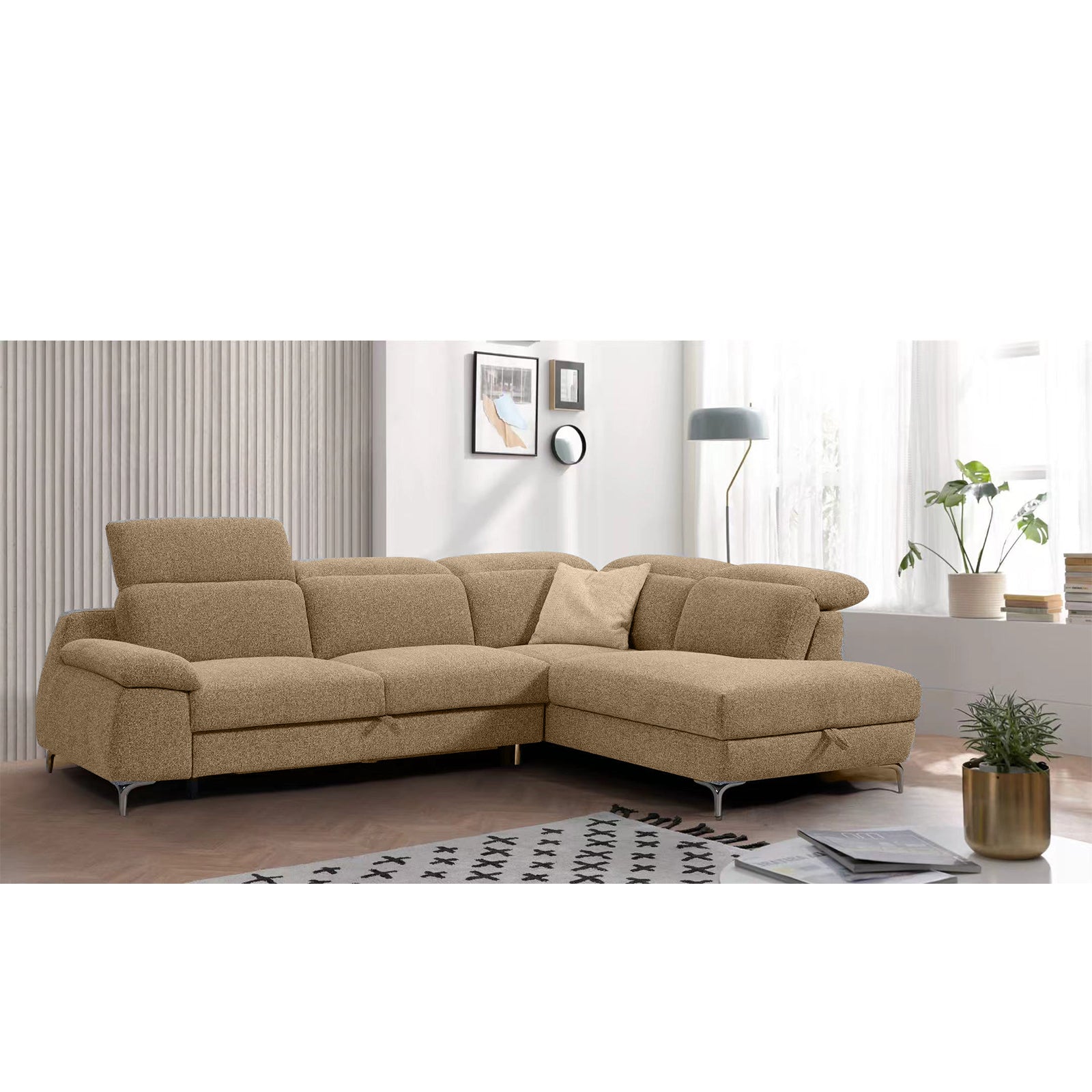 3-in-1 Convertible Sofa Bed with 2 Storage Chaise Loungers and 4 Pillows