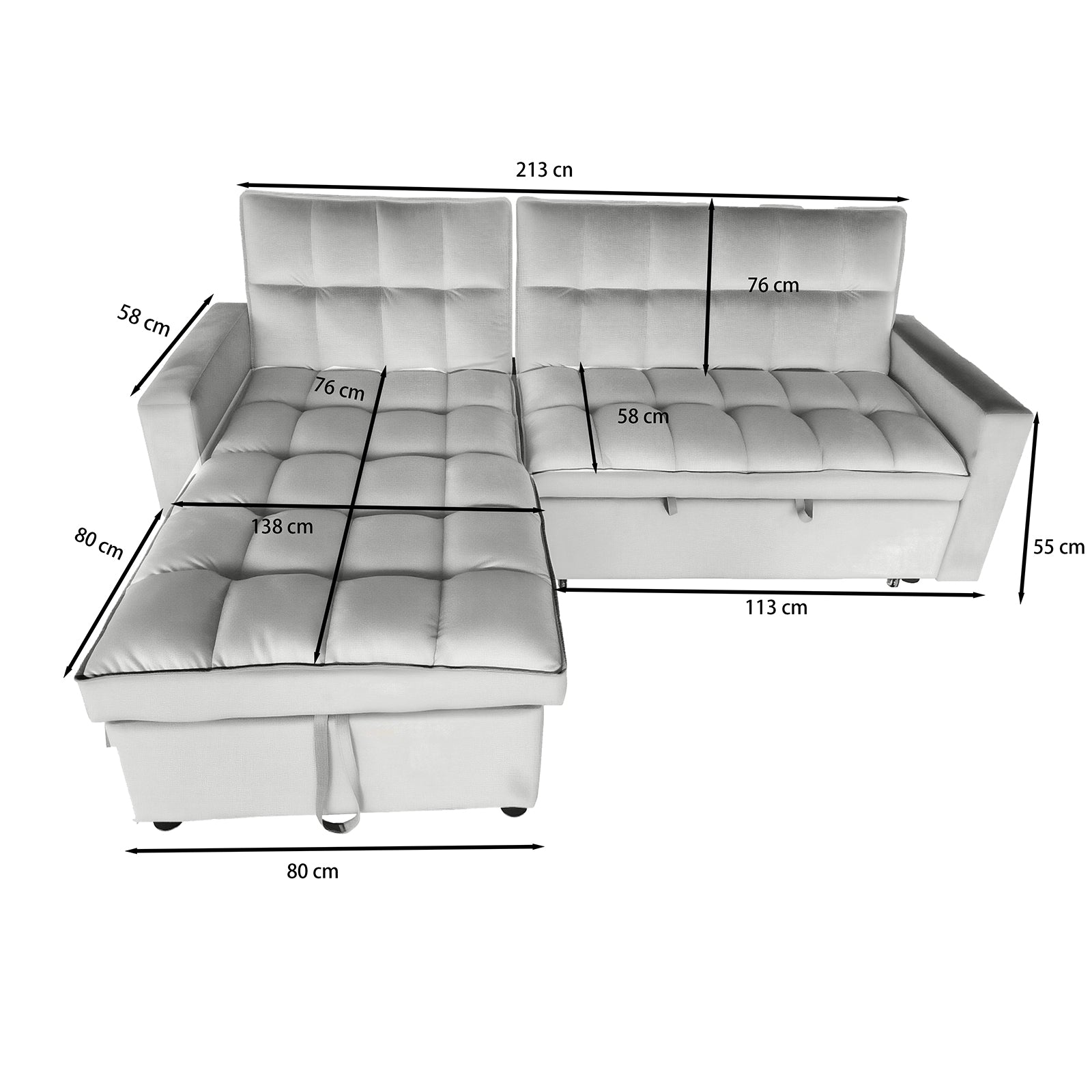 Multifunctional L-Shaped 3 Seater Sofa Bed Foldable Couches 2.13m