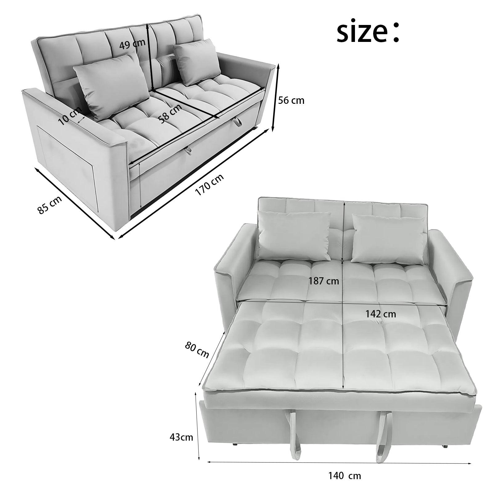 Multifunctional 2 Seater Sofa Bed Foldable Sofa 1.7m