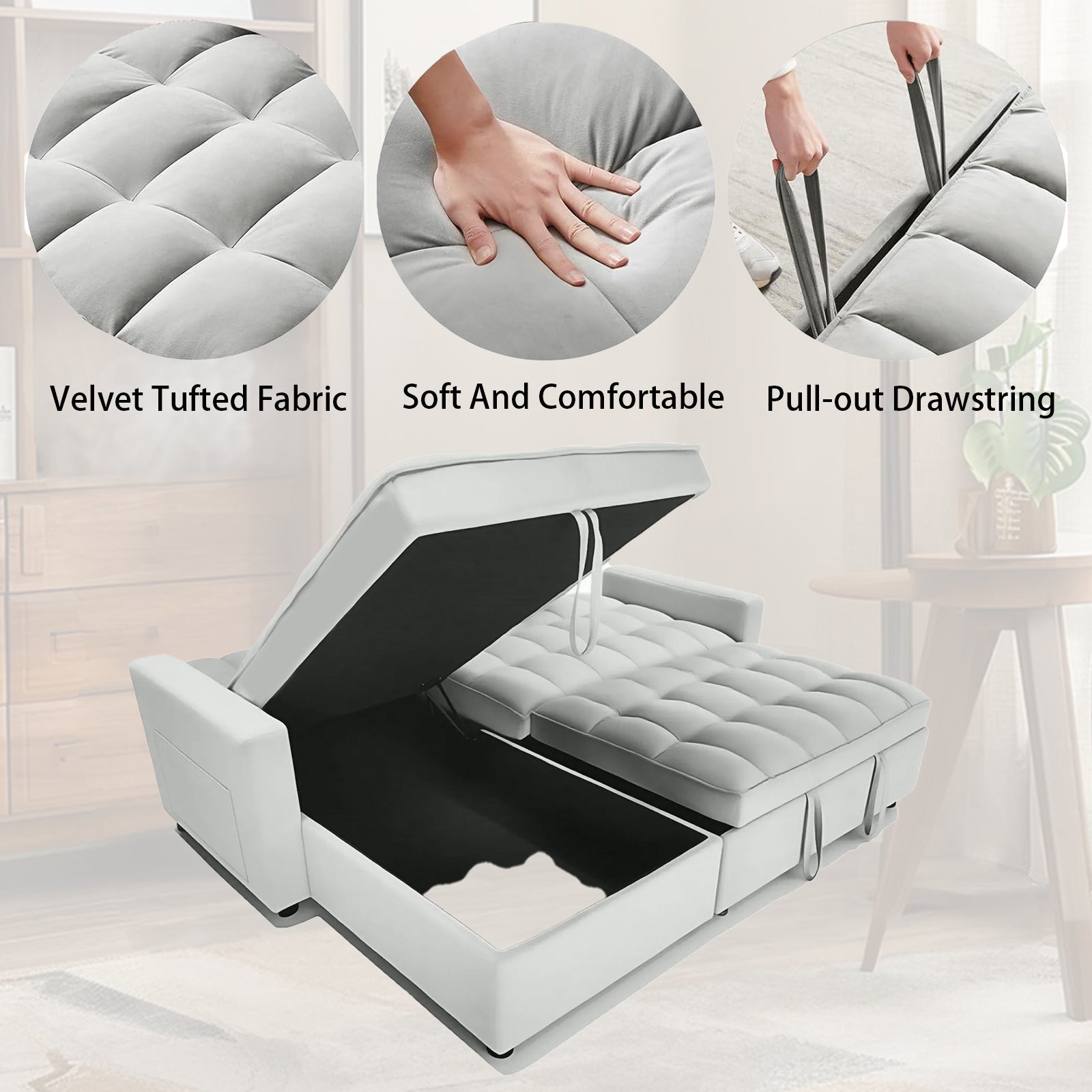 Multifunctional L-Shaped 3 Seater Sofa Bed Foldable Couches 2.13m