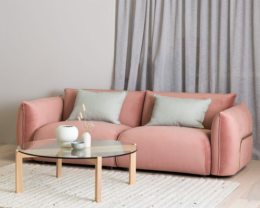 Ferrell 3 Seater Sofa - Blush Pink Velvet With Brass Frame